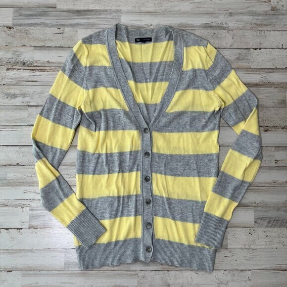 Vtg Y2k GAP Gray Yellow Colorblock Stripe Cardigan‎ Sweater Cashmere Womens Med - Picture 1 of 6